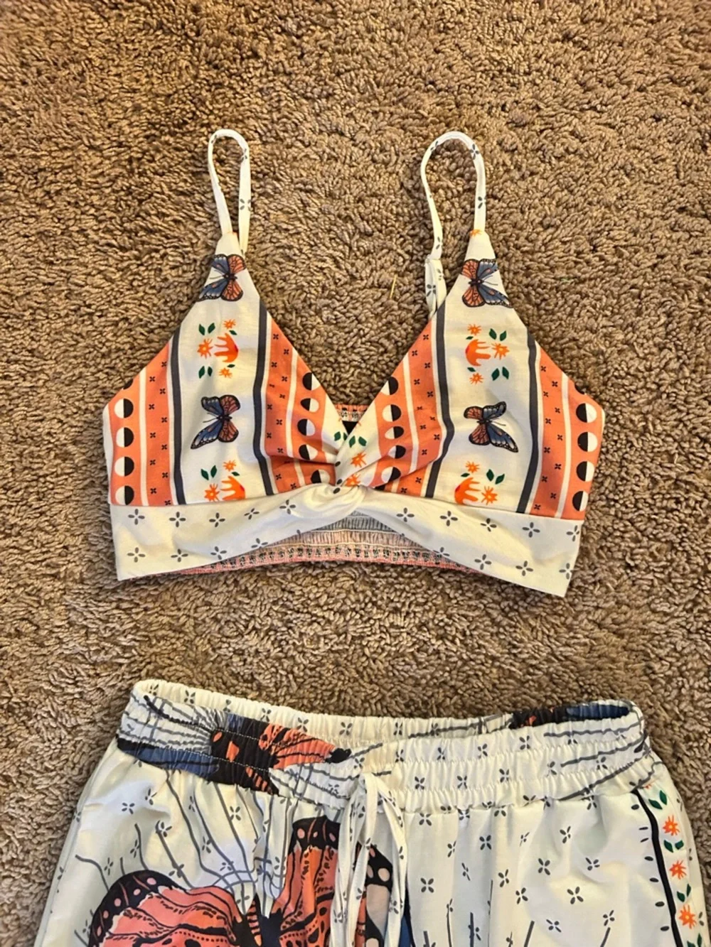 2-pc Butterfly-Print Wide-Leg Top and Pants — White with Orange & Blue - Picture 2 of 16